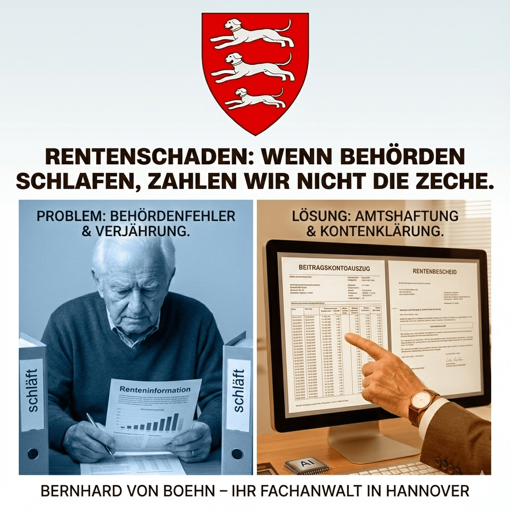 Infografik zum Rentenschaden: Links Senior mit fehlerhaftem Rentenbescheid durch Behördenfehler, rechts juristische Prüfung des Beitragskontos am Monitor. Lösung durch Amtshaftung und Kontenklärung bei Fachanwalt Bernhard von Boehn, Hannover & bundesweit.