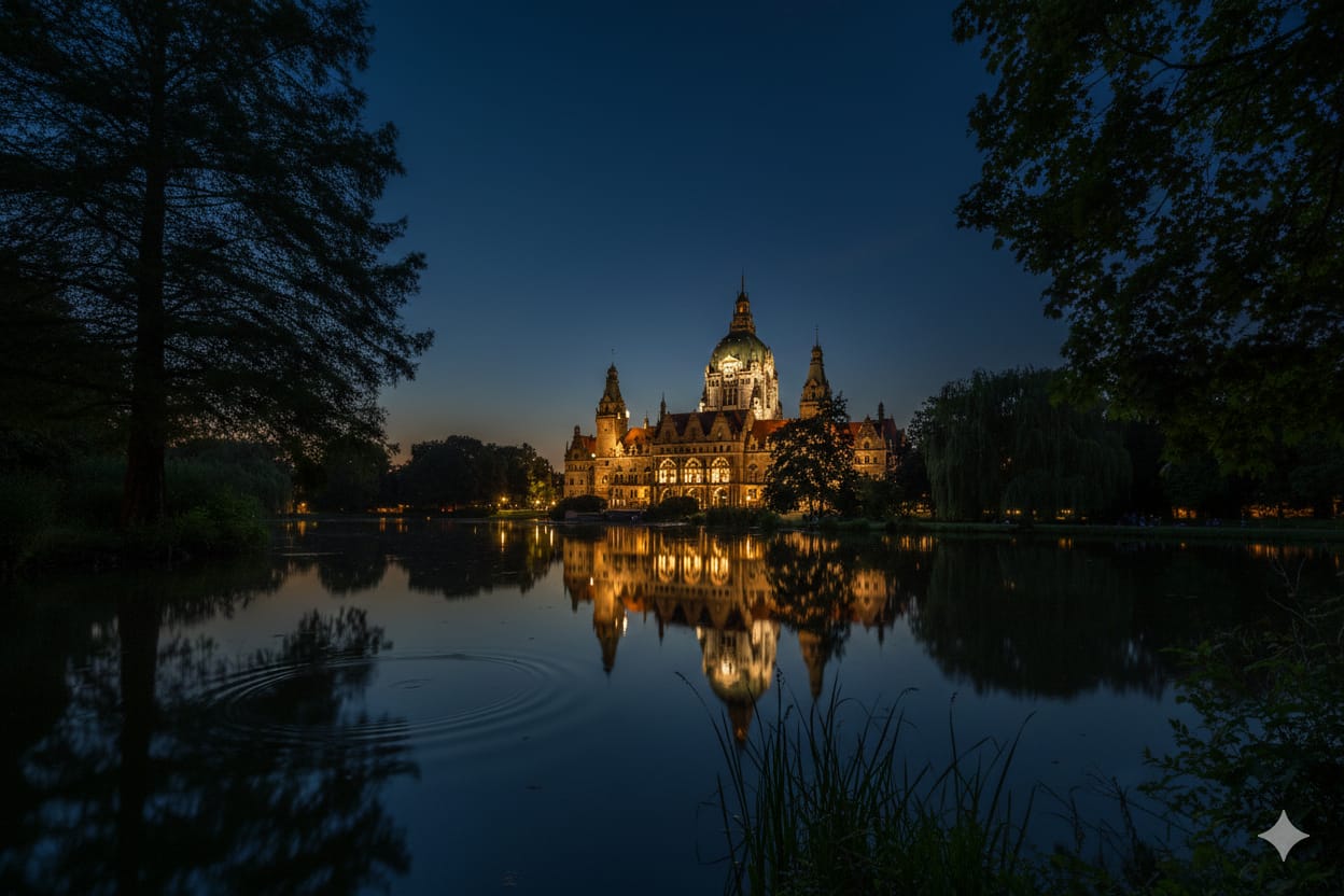 Copyright Raycer Das Neue Rathaus Hannover bei Nacht mit Spiegelung im Wasser – Symbol für Beständigkeit und lokale Expertise der Kanzlei von Boehn.