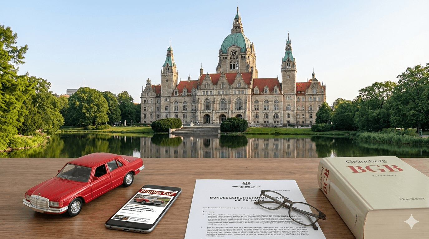 Anwaltsschreibtisch mit Grüneberg BGB-Kommentar und Blick auf das Neue Rathaus Hannover. Symbolbild zum BGH-Urteil VIII ZR 240/24: Haftung für Zustandsnoten beim Oldtimer-Kauf trotz Gewährleistungsausschluss.