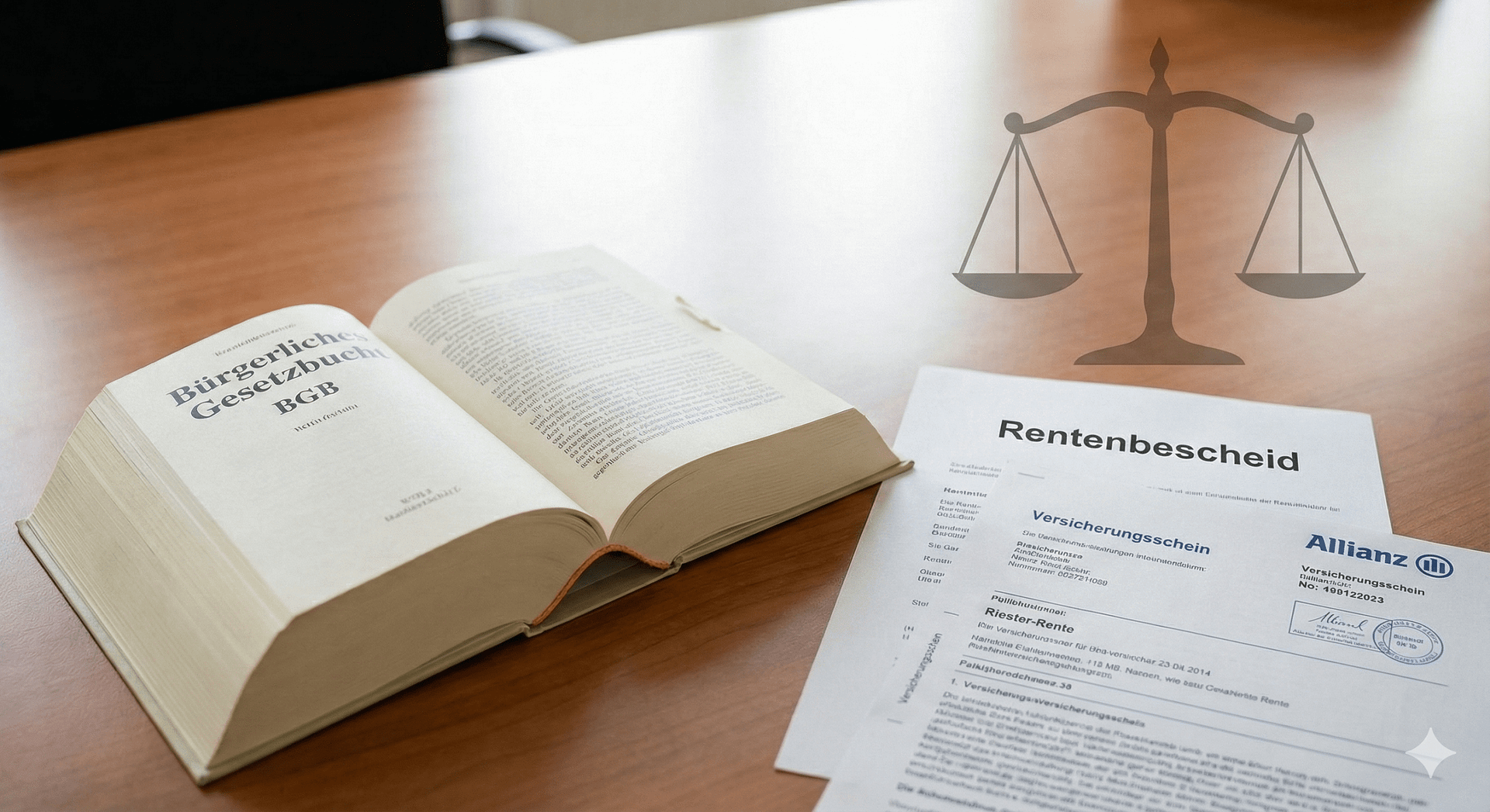 BGH Urteil Allianz Riester Rente: Symbolbild mit Gesetzbuch, Rentenbescheid und Richterhammer. Einseitige Rentenkürzung durch Klauseln unwirksam.