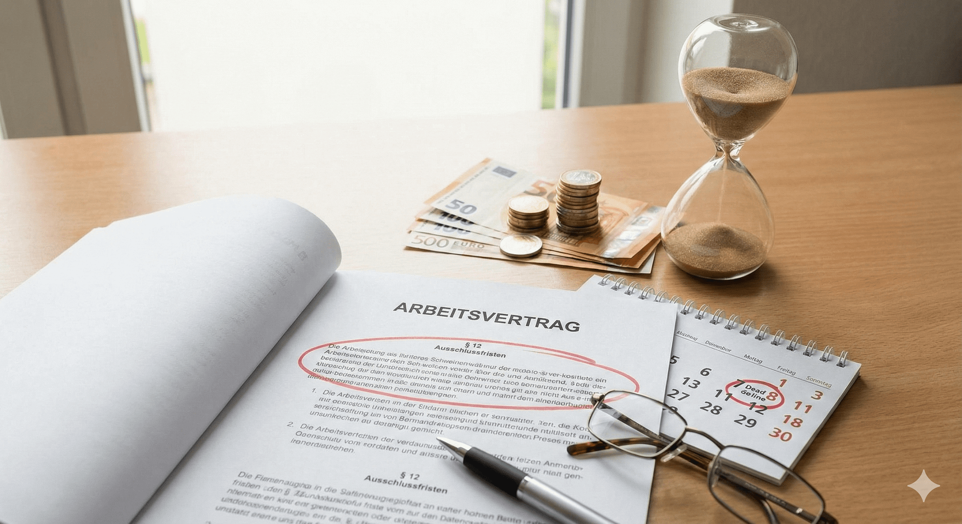Aufgeschlagener Arbeitsvertrag auf einem Schreibtisch neben einer Sanduhr, Euro-Bargeld und einem Kalender als Symbol für den zeitlichen Verfall von Lohnansprüchen durch Ausschlussfristen.