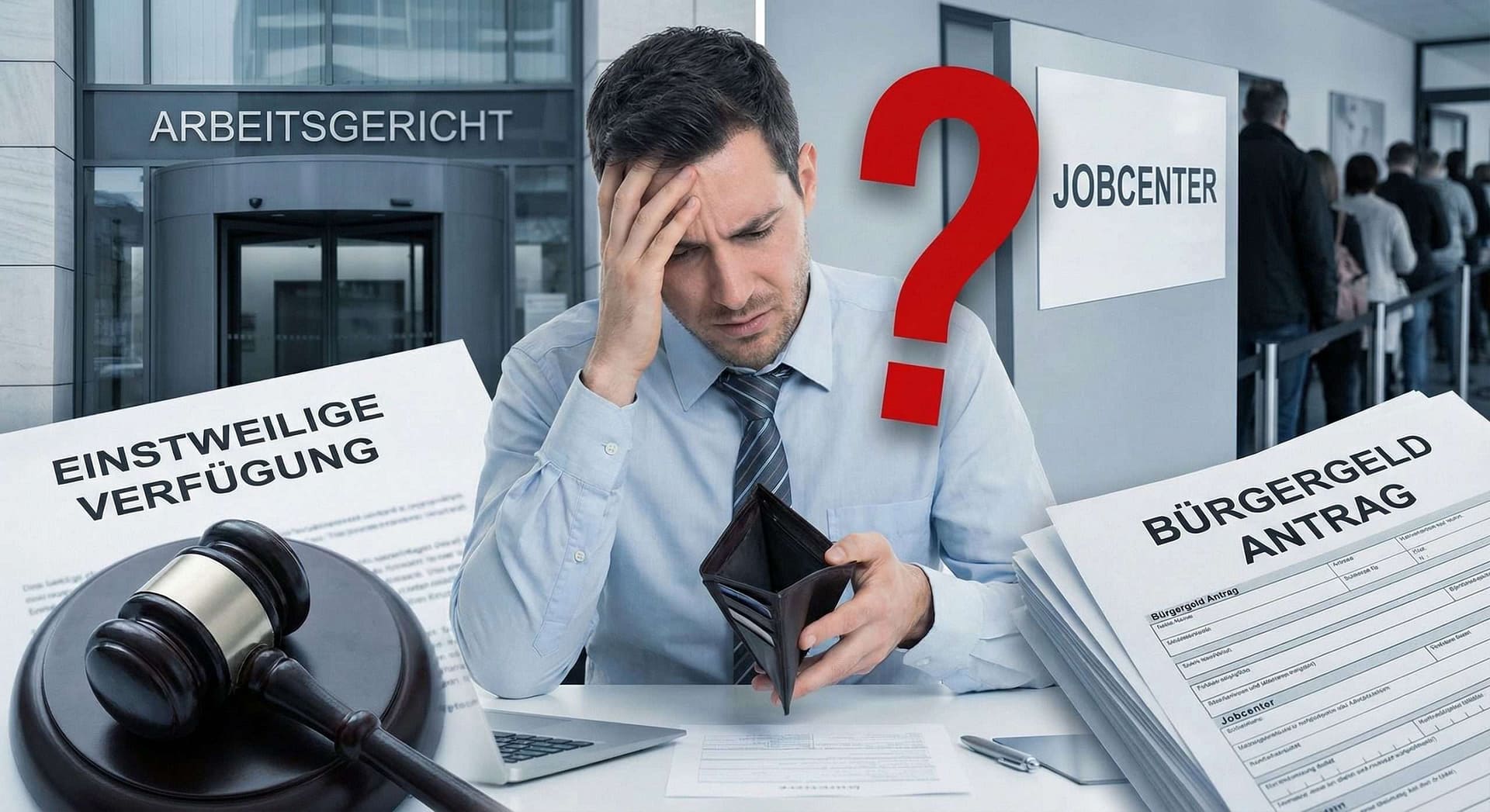 Verzweifelter Arbeitnehmer schaut in leere Geldbörse, im Hintergrund Arbeitsgericht und Jobcenter, dazu Symbole für einstweilige Verfügung und Bürgergeld-Antrag.